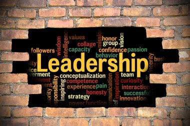 Liderlik kelime bulutu içinde tuğla duvar Hole'da