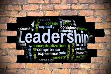 Liderlik kelime bulutu içinde tuğla duvar Hole'da