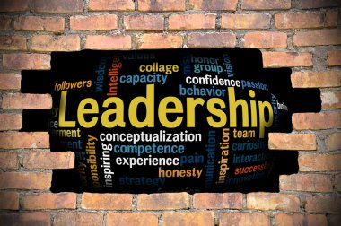 Liderlik kelime bulutu içinde tuğla duvar Hole'da