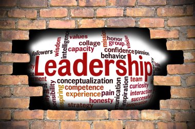 Liderlik kelime bulutu içinde tuğla duvar Hole'da