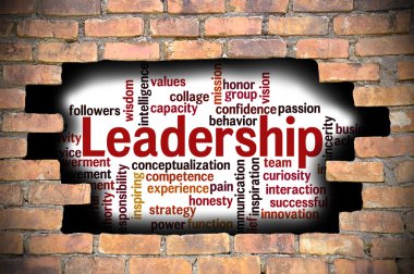 Liderlik kelime bulutu içinde tuğla duvar Hole'da