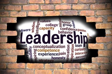 Liderlik kelime bulutu içinde tuğla duvar Hole'da