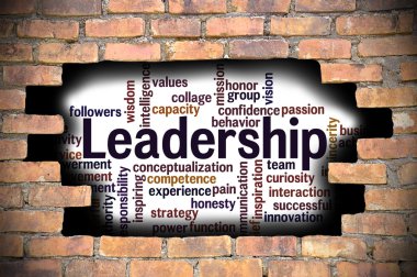 Liderlik kelime bulutu içinde tuğla duvar Hole'da