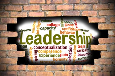 Liderlik kelime bulutu içinde tuğla duvar Hole'da