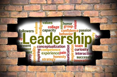 Liderlik kelime bulutu içinde tuğla duvar Hole'da