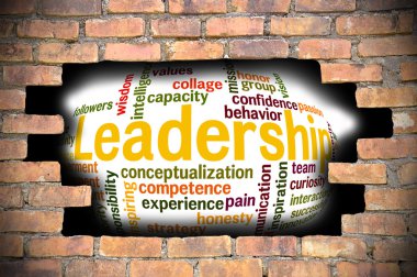 Liderlik kelime bulutu içinde tuğla duvar Hole'da