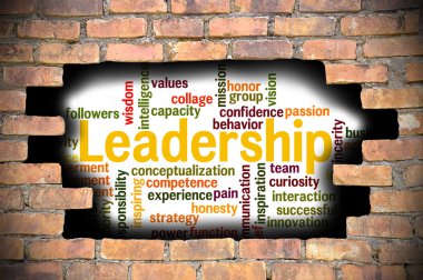 Liderlik kelime bulutu içinde tuğla duvar Hole'da