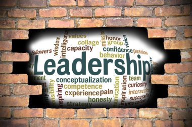 Liderlik kelime bulutu içinde tuğla duvar Hole'da