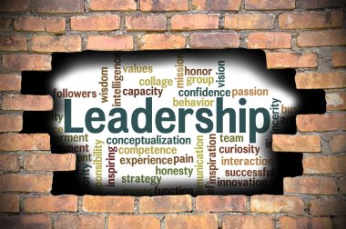 Liderlik kelime bulutu içinde tuğla duvar Hole'da