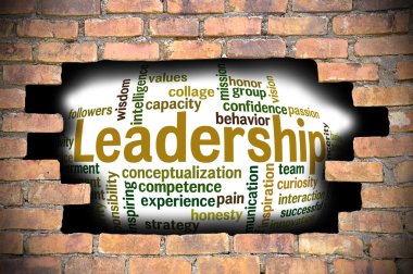 Liderlik kelime bulutu içinde tuğla duvar Hole'da