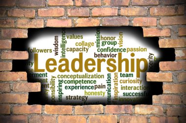 Liderlik kelime bulutu içinde tuğla duvar Hole'da