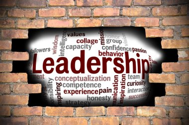 Liderlik kelime bulutu içinde tuğla duvar Hole'da