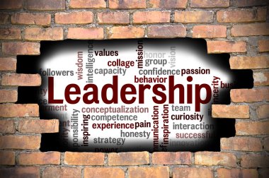 Liderlik kelime bulutu içinde tuğla duvar Hole'da