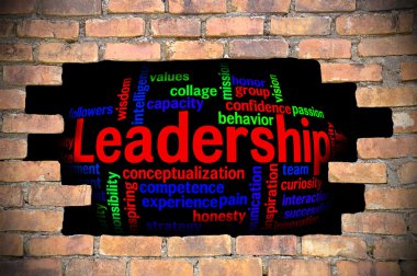 Liderlik kelime bulutu içinde tuğla duvar Hole'da