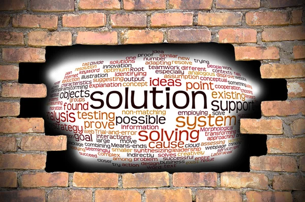 Buraco na parede de tijolo com solução nuvem de palavras dentro — Fotografia de Stock
