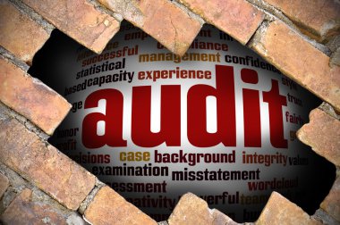 Denetim word Cloud içinde tuğla duvara delik