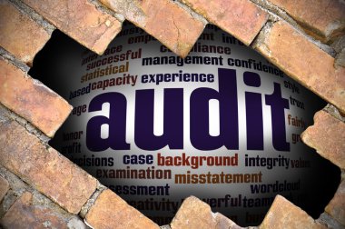 Denetim word Cloud içinde tuğla duvara delik