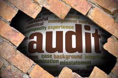 Denetim word Cloud içinde tuğla duvara delik