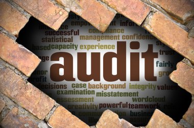 Denetim word Cloud içinde tuğla duvara delik