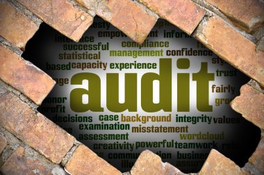 Denetim word Cloud içinde tuğla duvara delik