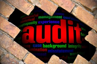 Denetim word Cloud içinde tuğla duvara delik