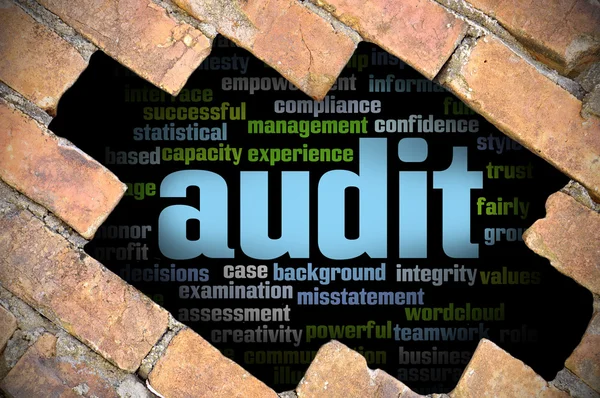 Foro al muro di mattoni con parola di audit nube all'interno — Foto Stock