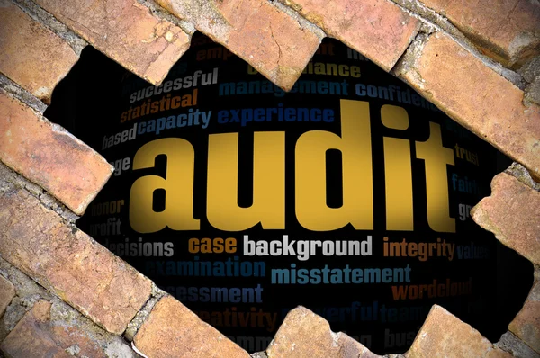 Denetim word Cloud içinde tuğla duvara delik