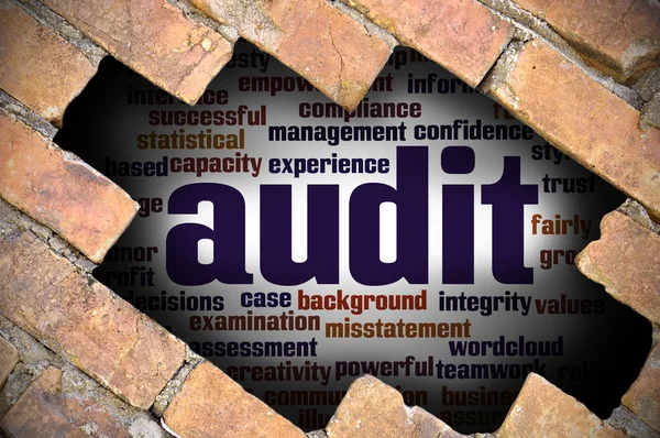 Hole at the brick wall with audit word cloud inside — Stock Photo, Image