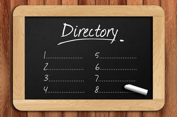 Schoolbord op de houten tafel geschreven directory lijst — Stockfoto