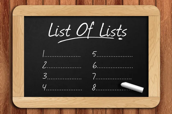 Chalkboard on the wooden table written list of lists — Stock Photo, Image