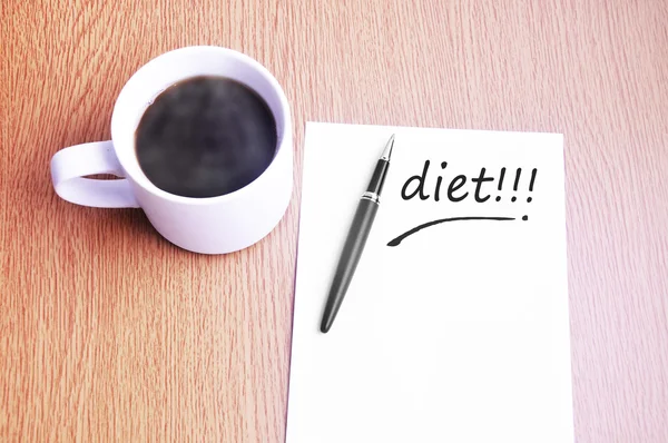 咖啡、 钢笔和笔记写饮食 — 图库照片