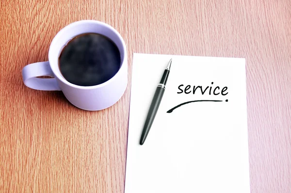 Coffee, pen and notes write service — Stock Photo, Image