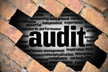 Denetim word Cloud içinde tuğla duvara delik