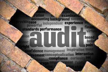 Denetim word Cloud içinde tuğla duvara delik