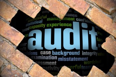 Denetim word Cloud içinde tuğla duvara delik