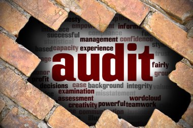 Denetim word Cloud içinde tuğla duvara delik