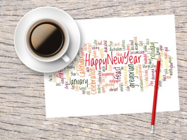 Coffee, Pencil And A Note Contain Word Clouds Of Happy New Year 