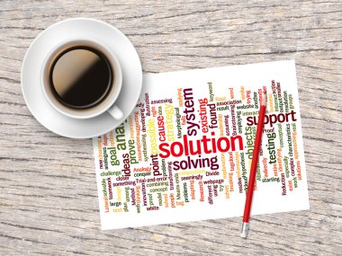 Coffee, Pencil And A Note Contain Word Clouds Of Solution And It