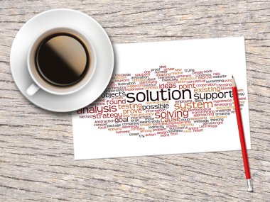 Coffee, Pencil And A Note Contain Word Clouds Of Solution And It