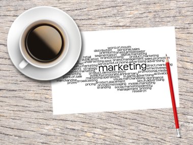 Coffee, Pencil And A Note Contain Word Clouds Of Marketing And I
