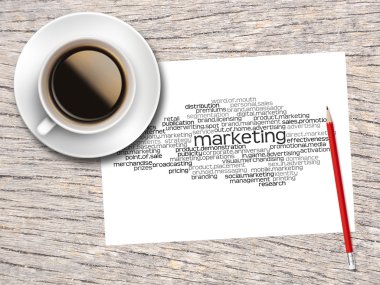 Coffee, Pencil And A Note Contain Word Clouds Of Marketing And I