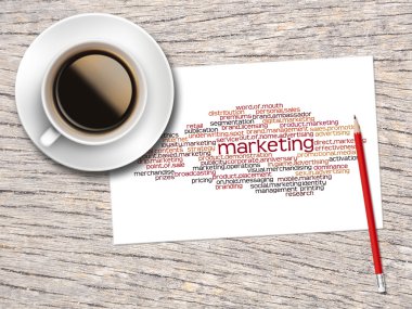 Coffee, Pencil And A Note Contain Word Clouds Of Marketing And I