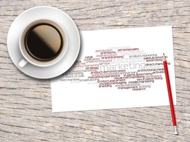 Coffee, Pencil And A Note Contain Word Clouds Of Marketing And I