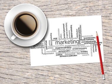 Coffee, Pencil And A Note Contain Word Clouds Of Marketing And I