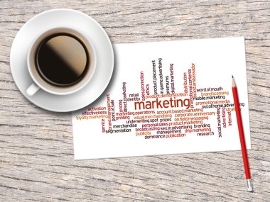 Coffee, Pencil And A Note Contain Word Clouds Of Marketing And I