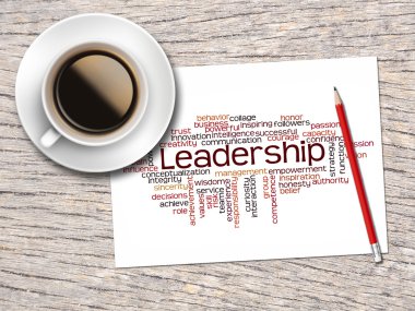 Kahve, kalem ve bir not içeren kelime bulutları liderlik ve 