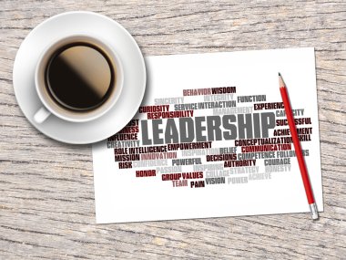 Kahve, kalem ve bir not içeren kelime bulutları liderlik ve 