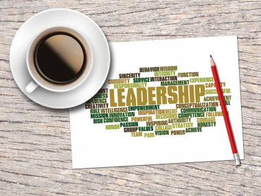 Kahve, kalem ve bir not içeren kelime bulutları liderlik ve 