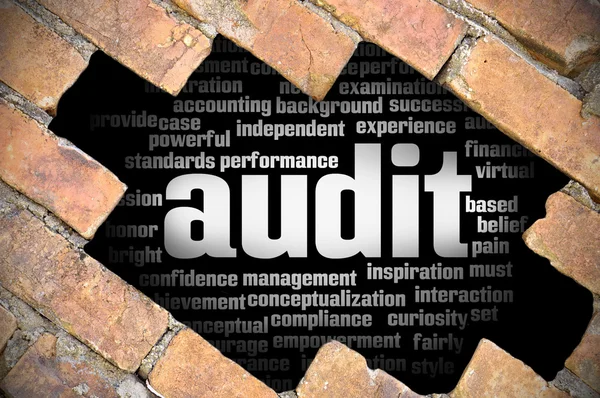 Hole at the brick wall with audit word cloud inside — Stock Photo, Image