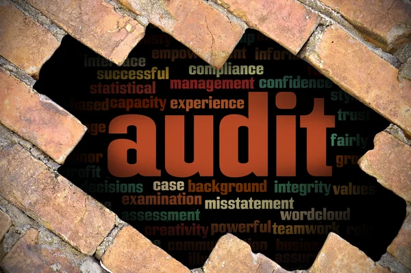 Hole at the brick wall with audit word cloud inside — Stock Photo, Image